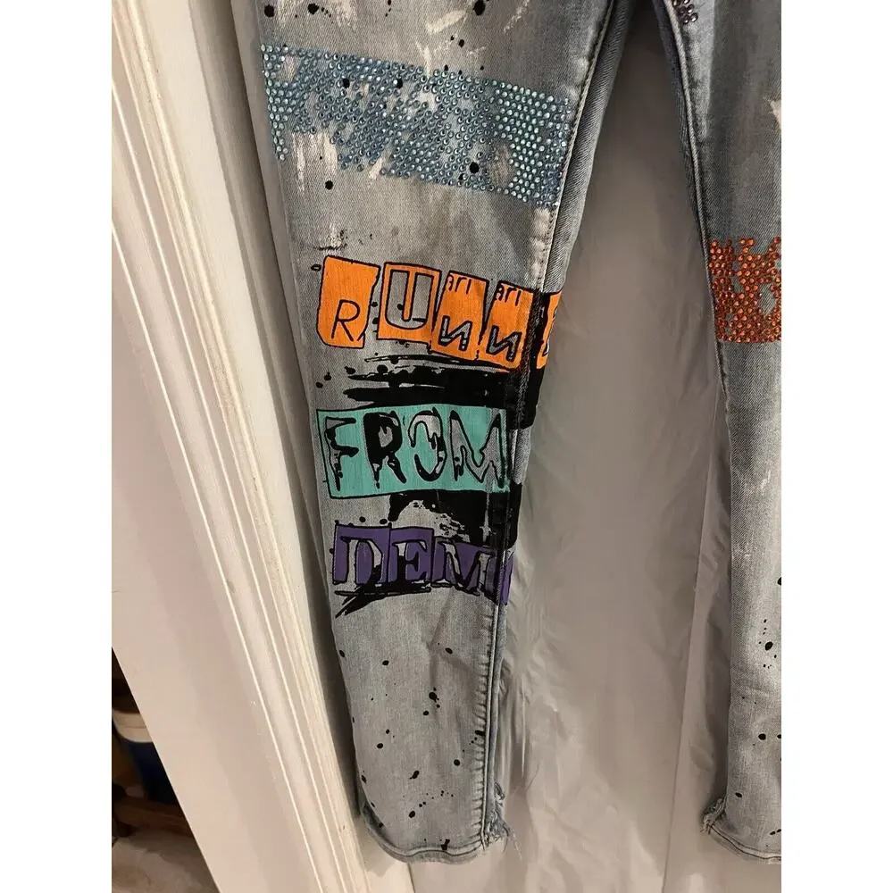 Sugarhill Running From The Demons Men’s Skinny Jeans Paint Splattered Sz 34